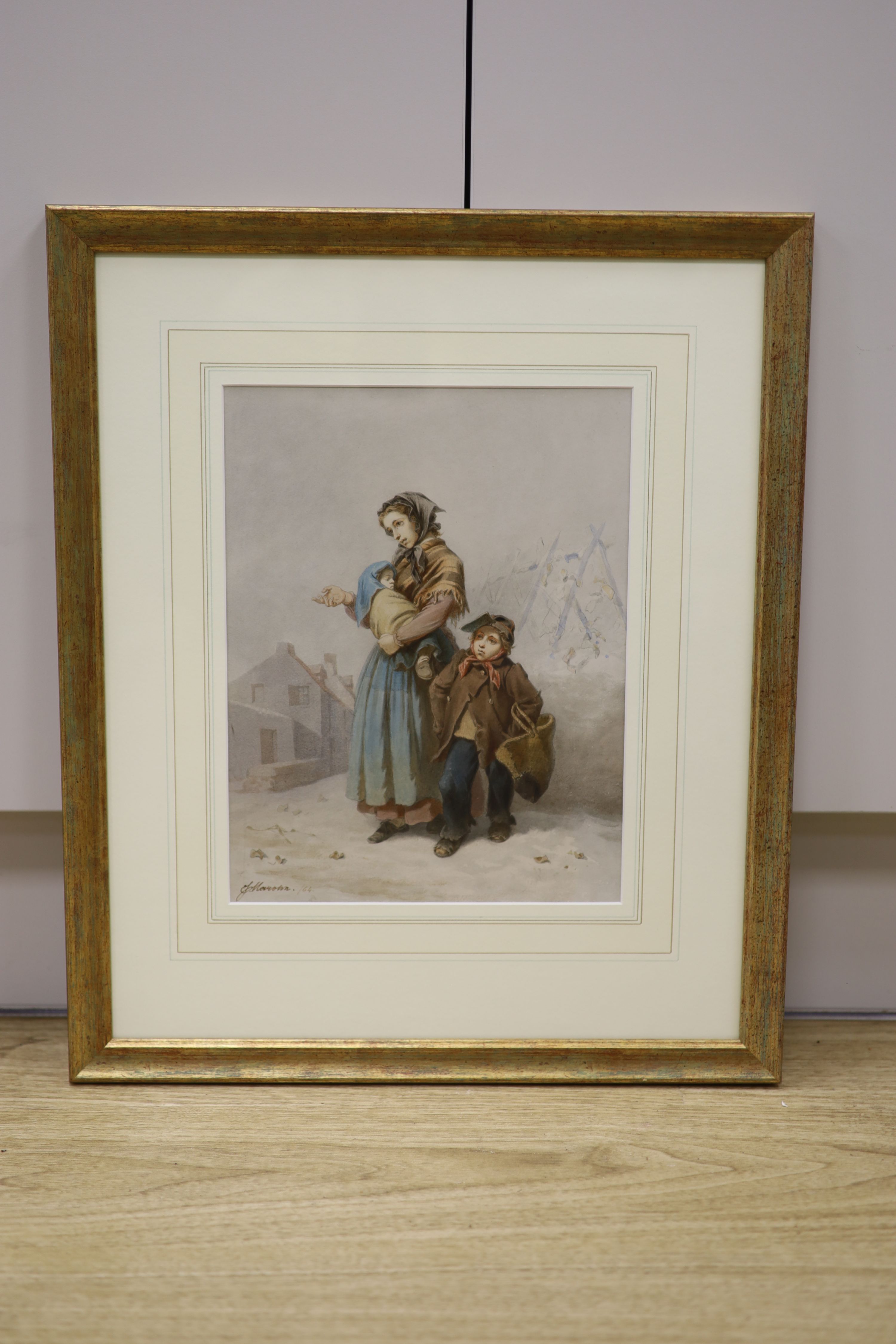 J. Marohn (19th C.), watercolour, Mother and children in winter, signed and dated '64, 30 x 23cm